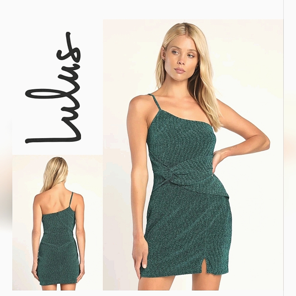 LULUS Rise and Shine Teal Metallic One-Shoulder Twist-Front Mini Dress NWT MED